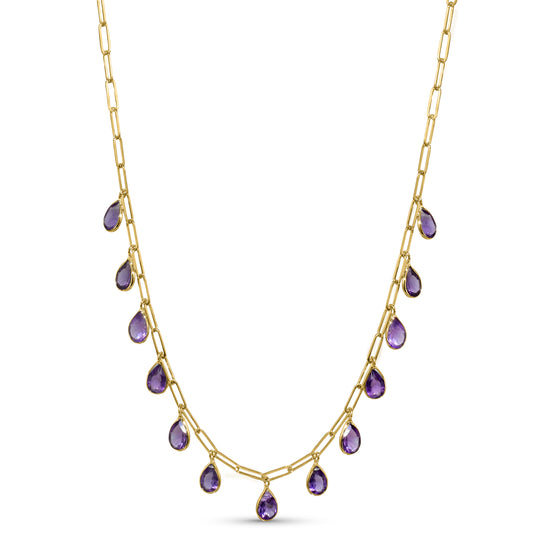 14k Amethyst 13 Pear Drop Paperclip Necklace