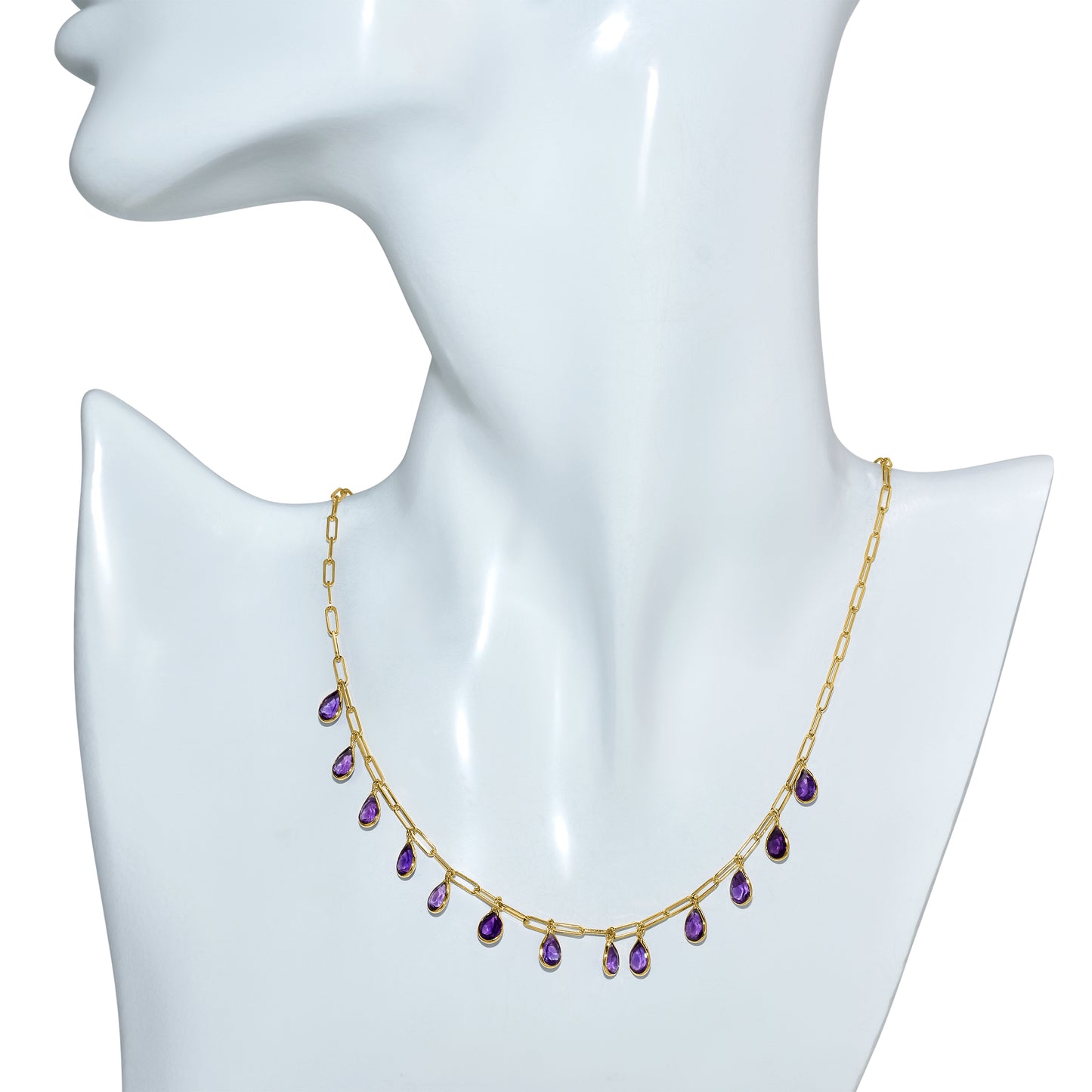 14k Amethyst 13 Pear Drop Paperclip Necklace