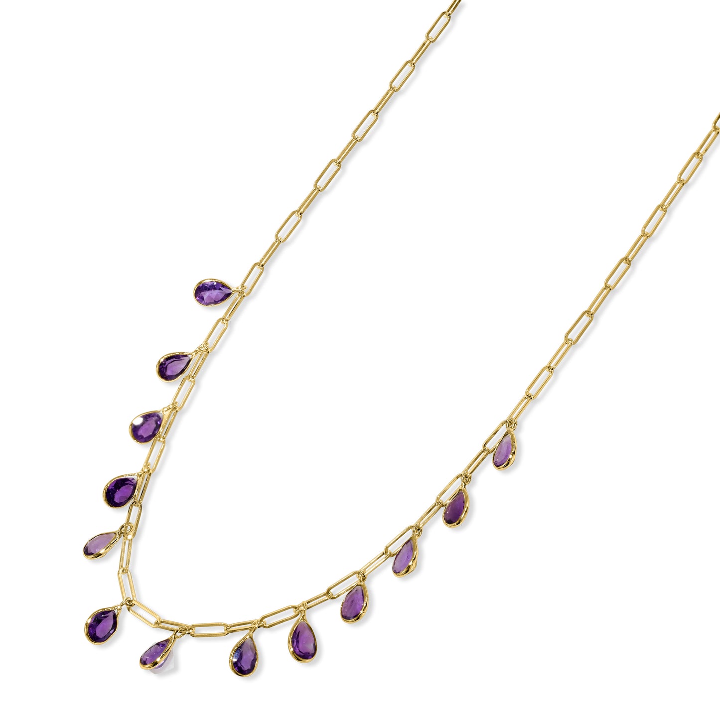 14k Amethyst 13 Pear Drop Paperclip Necklace