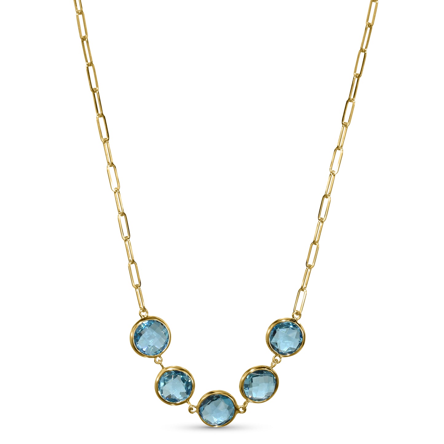 14k Swiss Blue Topaz 5 Round Bezel Paperclip Necklace