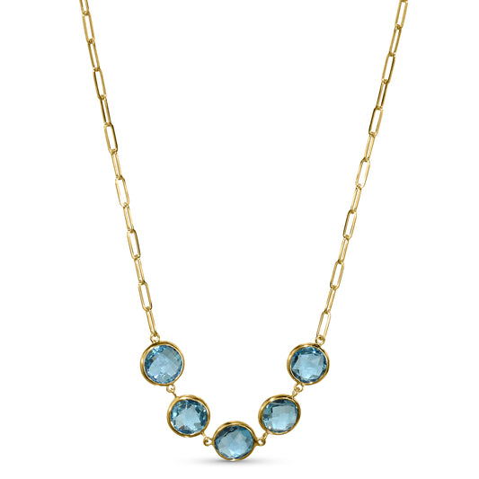 14k Swiss Blue Topaz 5 Round Bezel Paperclip Necklace