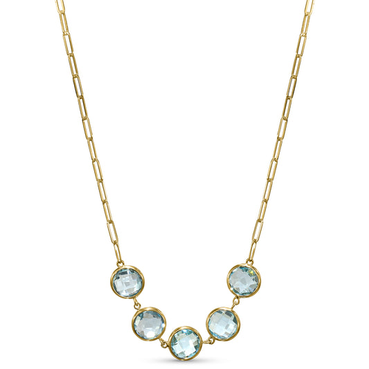 14k Blue Topaz 5 Round Bezel Paperclip Necklace