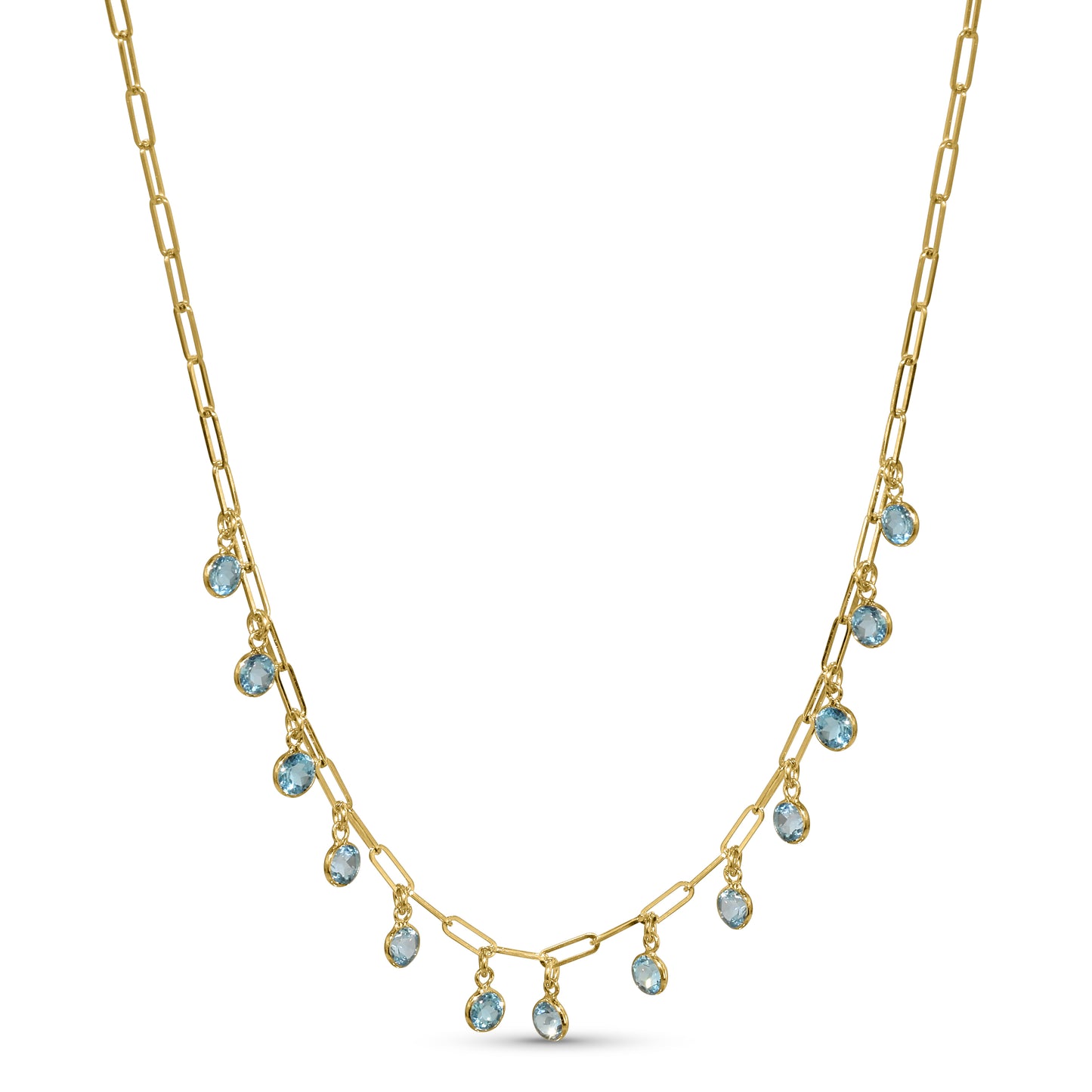 14k Swiss Blue Topaz Rd Bezel Drop Paperclip Necklace