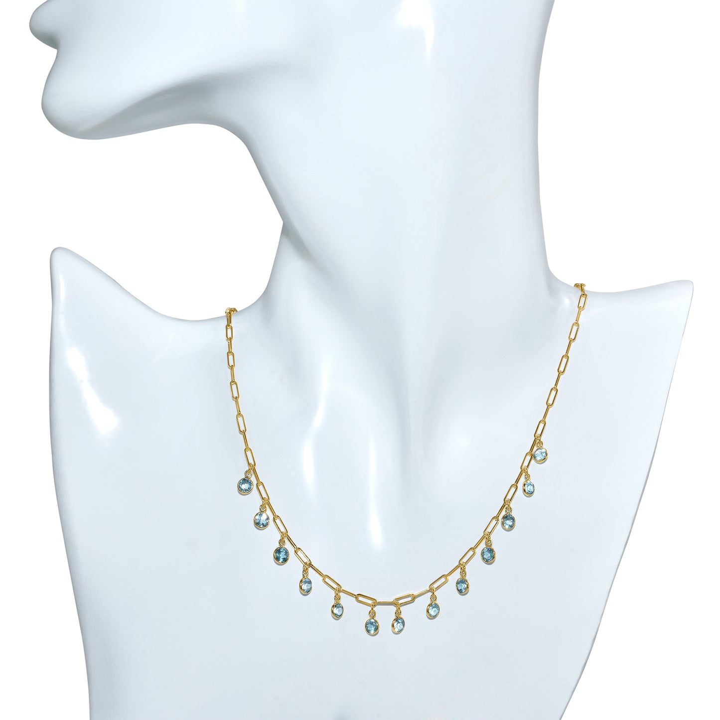 14k Swiss Blue Topaz Rd Bezel Drop Paperclip Necklace