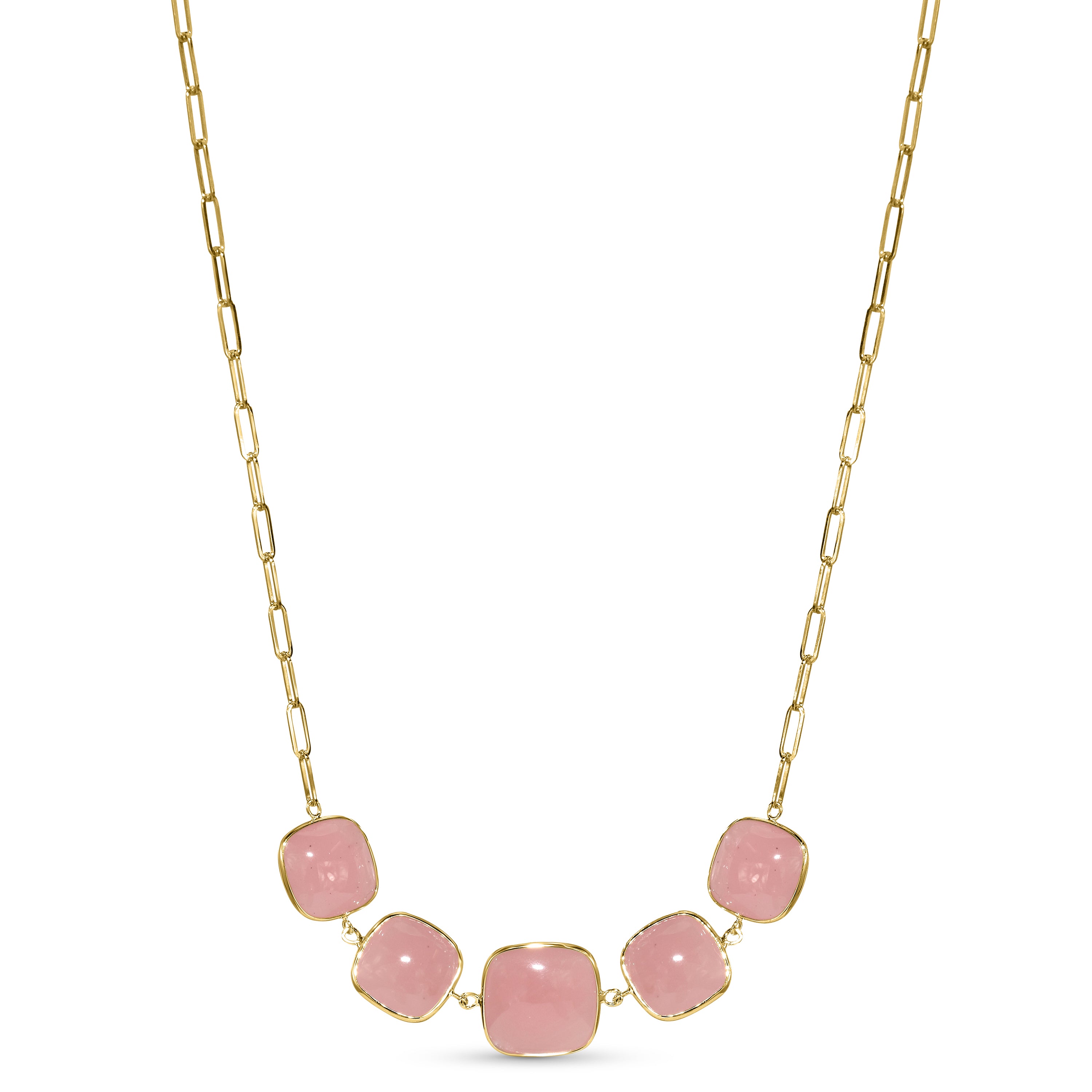 14K Guava Quartz 5 Cushion Bezel Paperclip Necklace