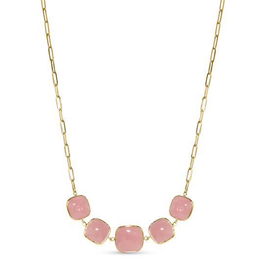 14K Guava Quartz 5 Cushion Bezel Paperclip Necklace