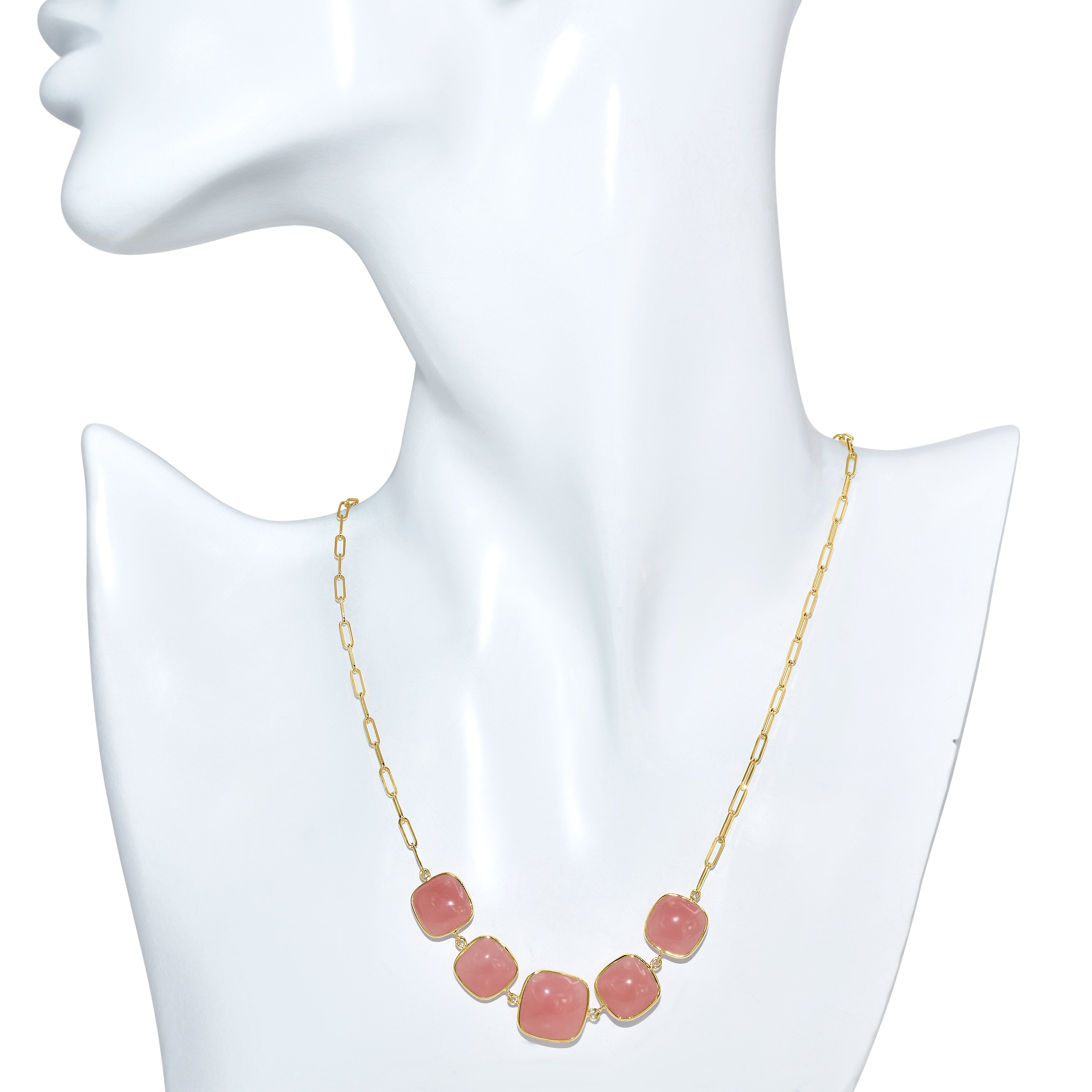 14K Guava Quartz 5 Cushion Bezel Paperclip Necklace