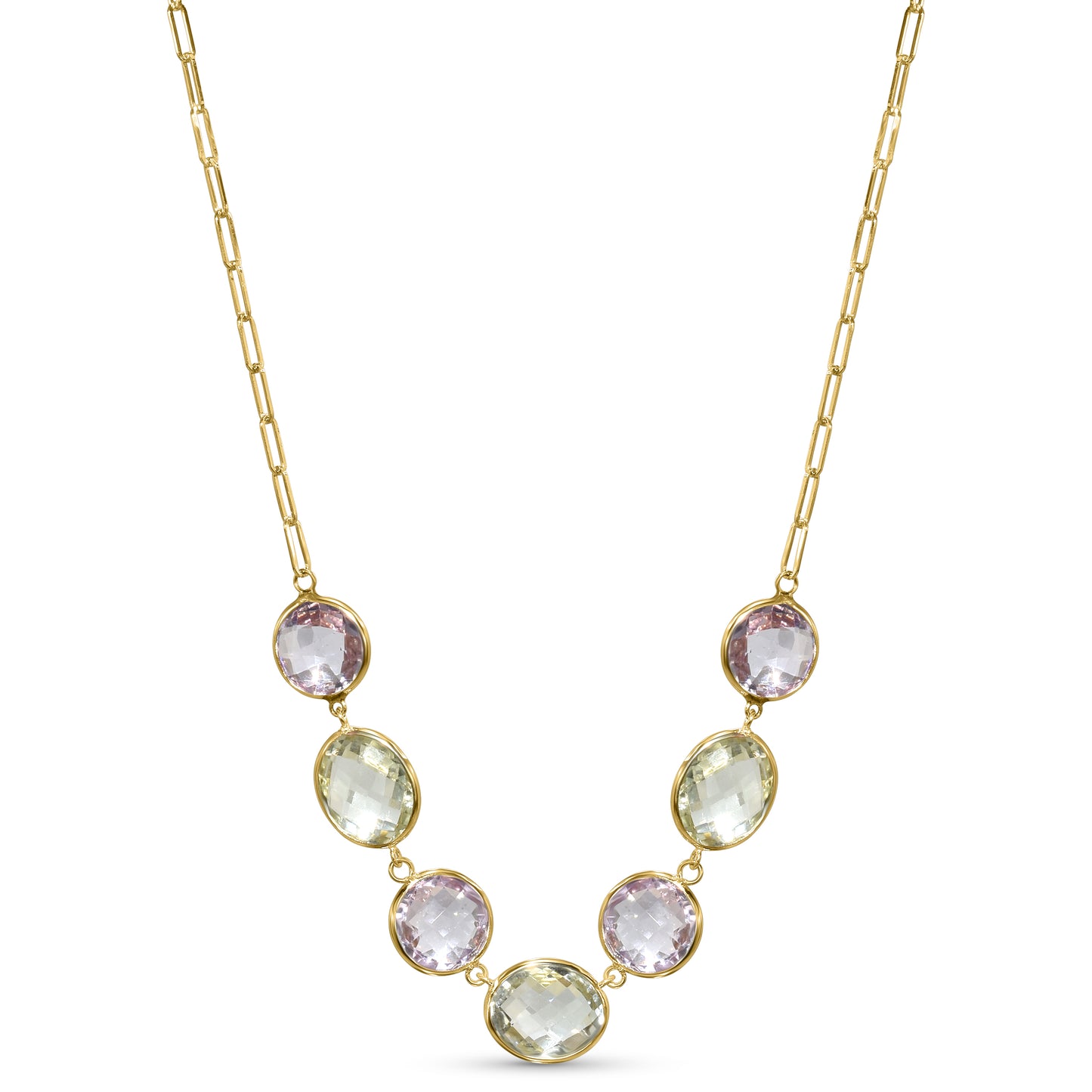 14k Pink Green Amethyst Bezel Paperclip Necklace
