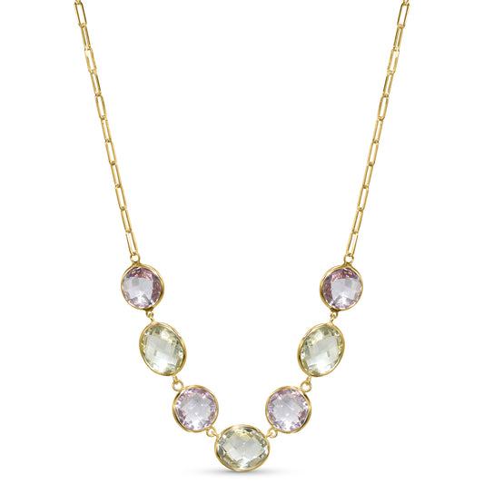 14k Pink Green Amethyst Bezel Paperclip Necklace