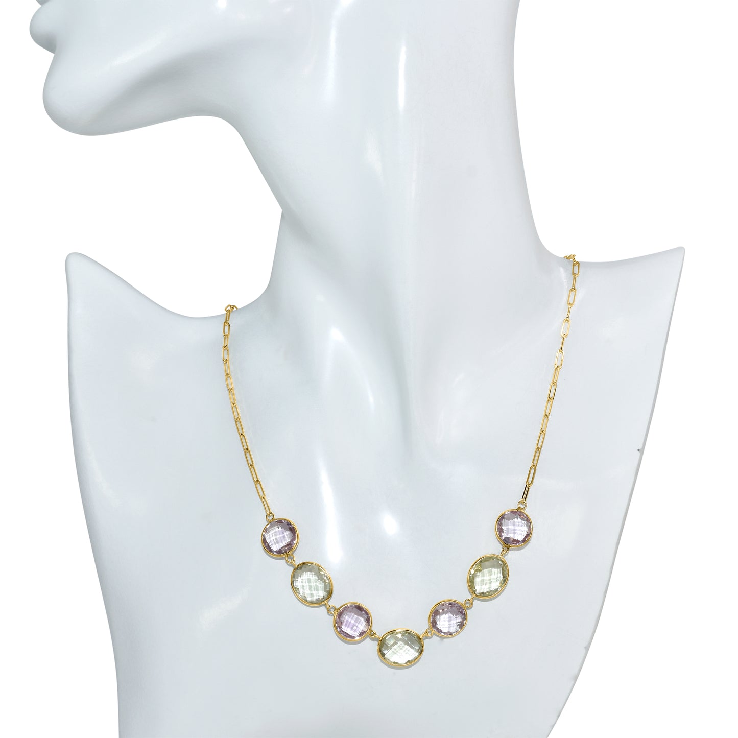 14k Pink Green Amethyst Bezel Paperclip Necklace