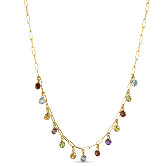 14k Multi Gemstone 13 Round Bezel Paperclip Necklace