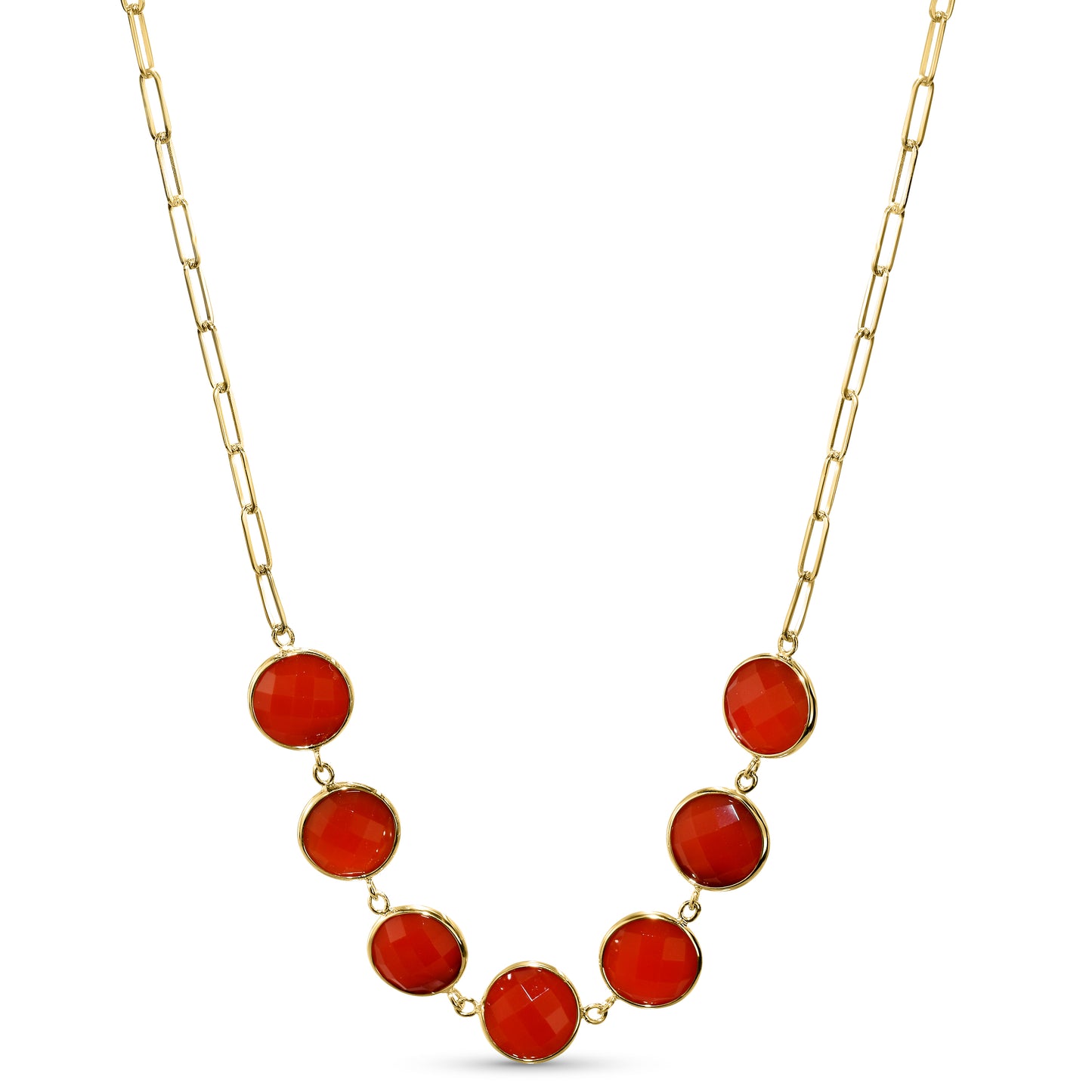 14k Carnelian 7 Round Bezel Paperclip Necklace