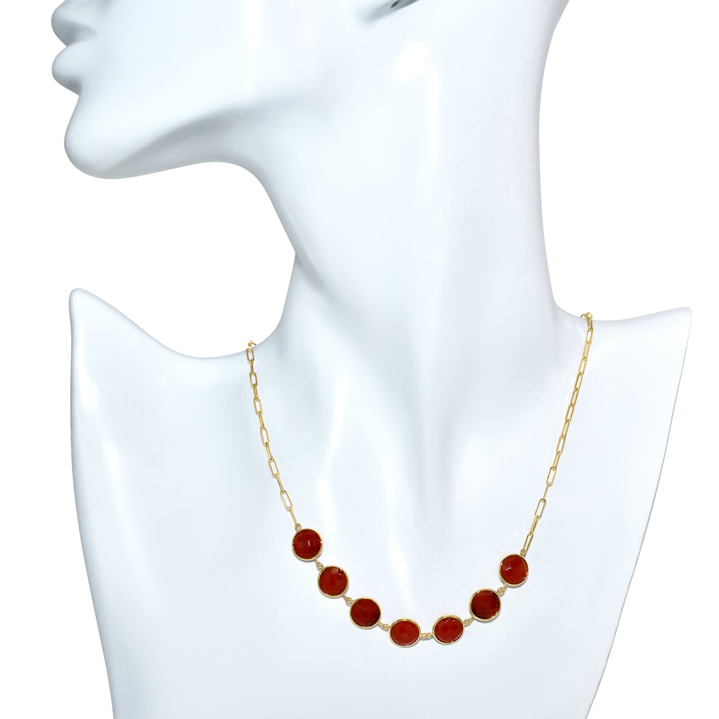 14k Carnelian 7 Round Bezel Paperclip Necklace