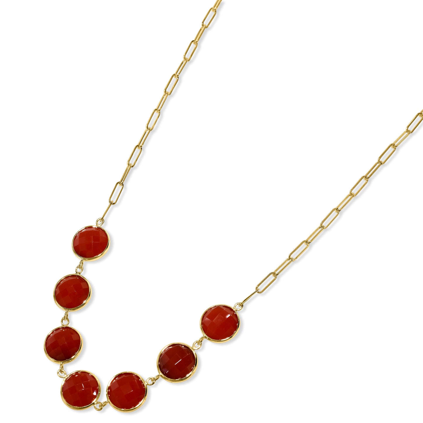 14k Carnelian 7 Round Bezel Paperclip Necklace