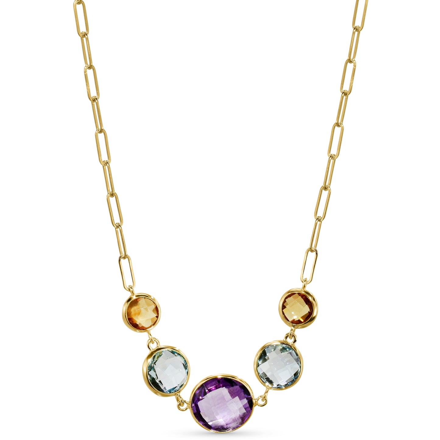 14k Multi Gemstone 5 Round Bezel Paperclip Necklace