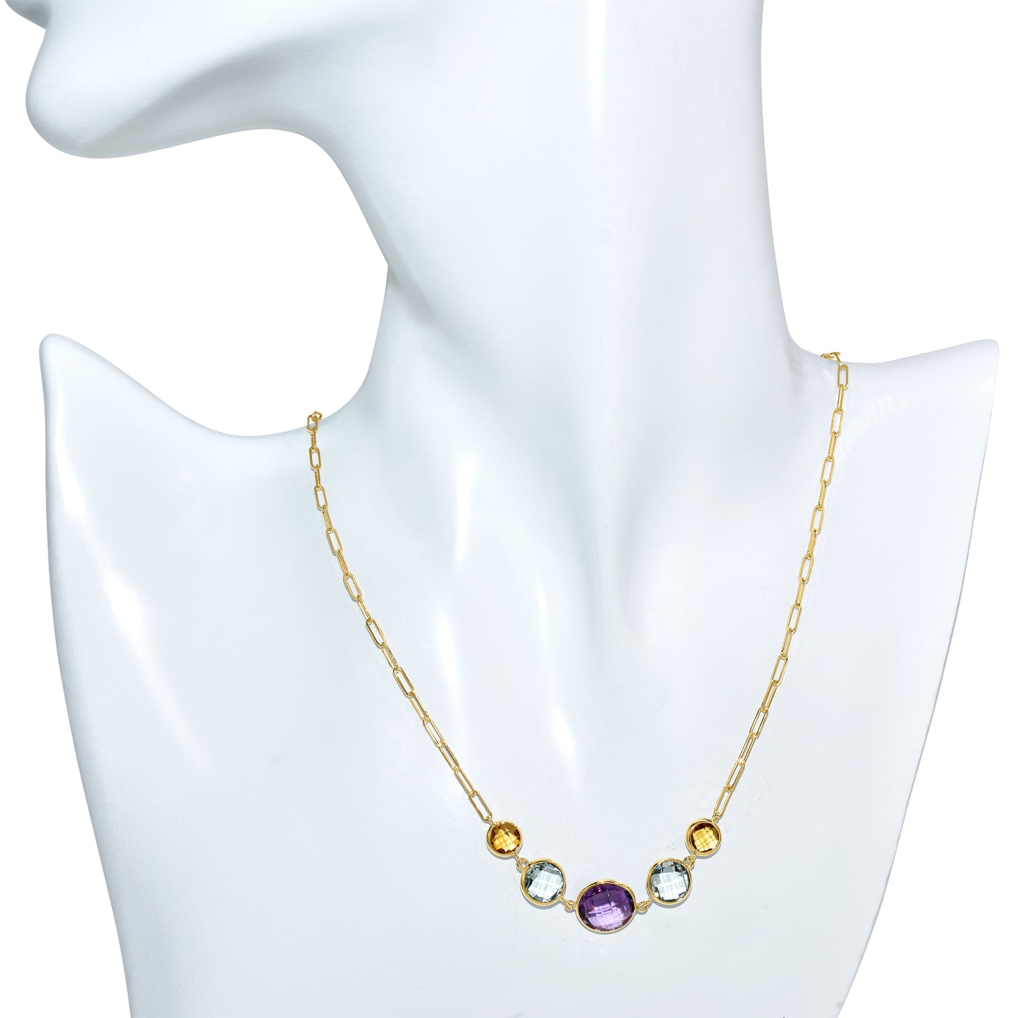 14k Multi Gemstone 5 Round Bezel Paperclip Necklace