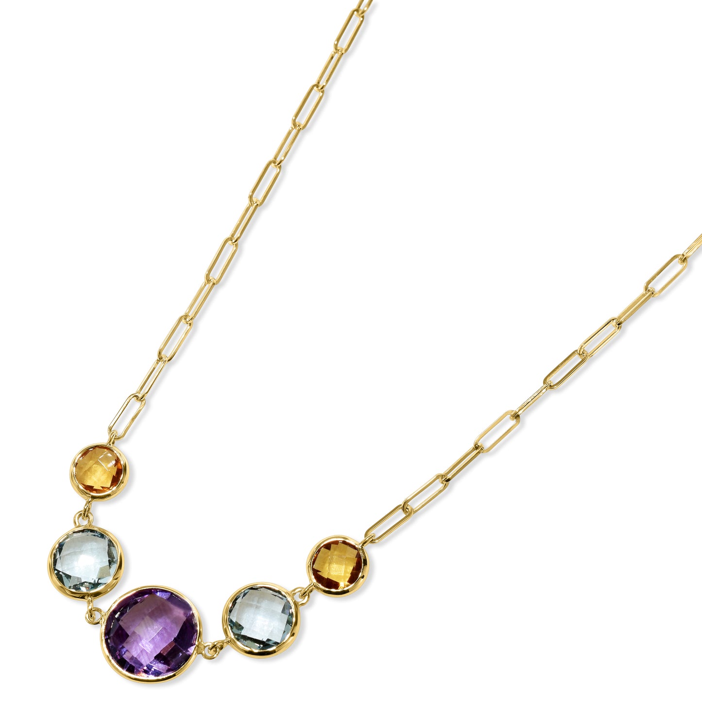 14k Multi Gemstone 5 Round Bezel Paperclip Necklace