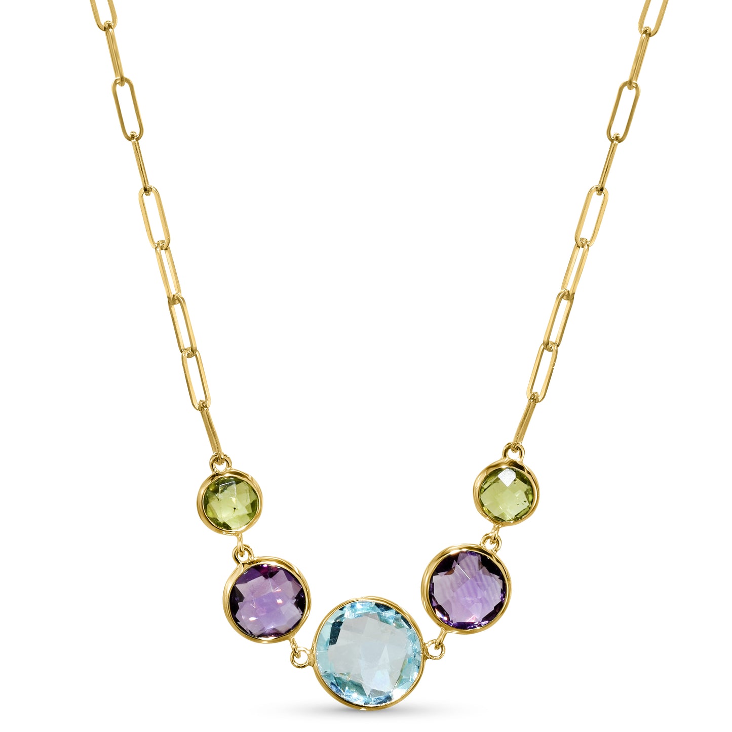 14k Multi Gemstone 5 Round Bezel Paperclip Necklace