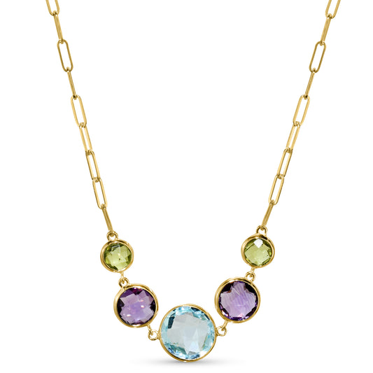 14k Multi Gemstone 5 Round Bezel Paperclip Necklace