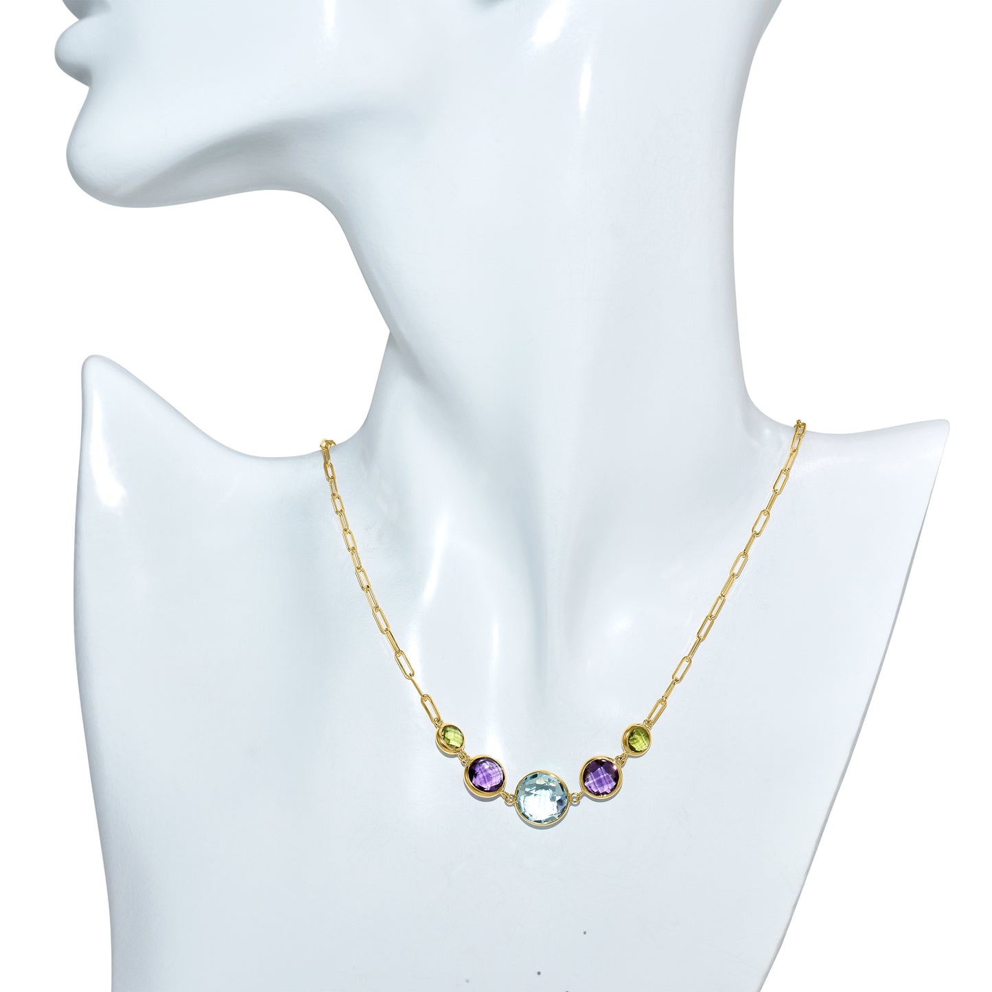 14k Multi Gemstone 5 Round Bezel Paperclip Necklace