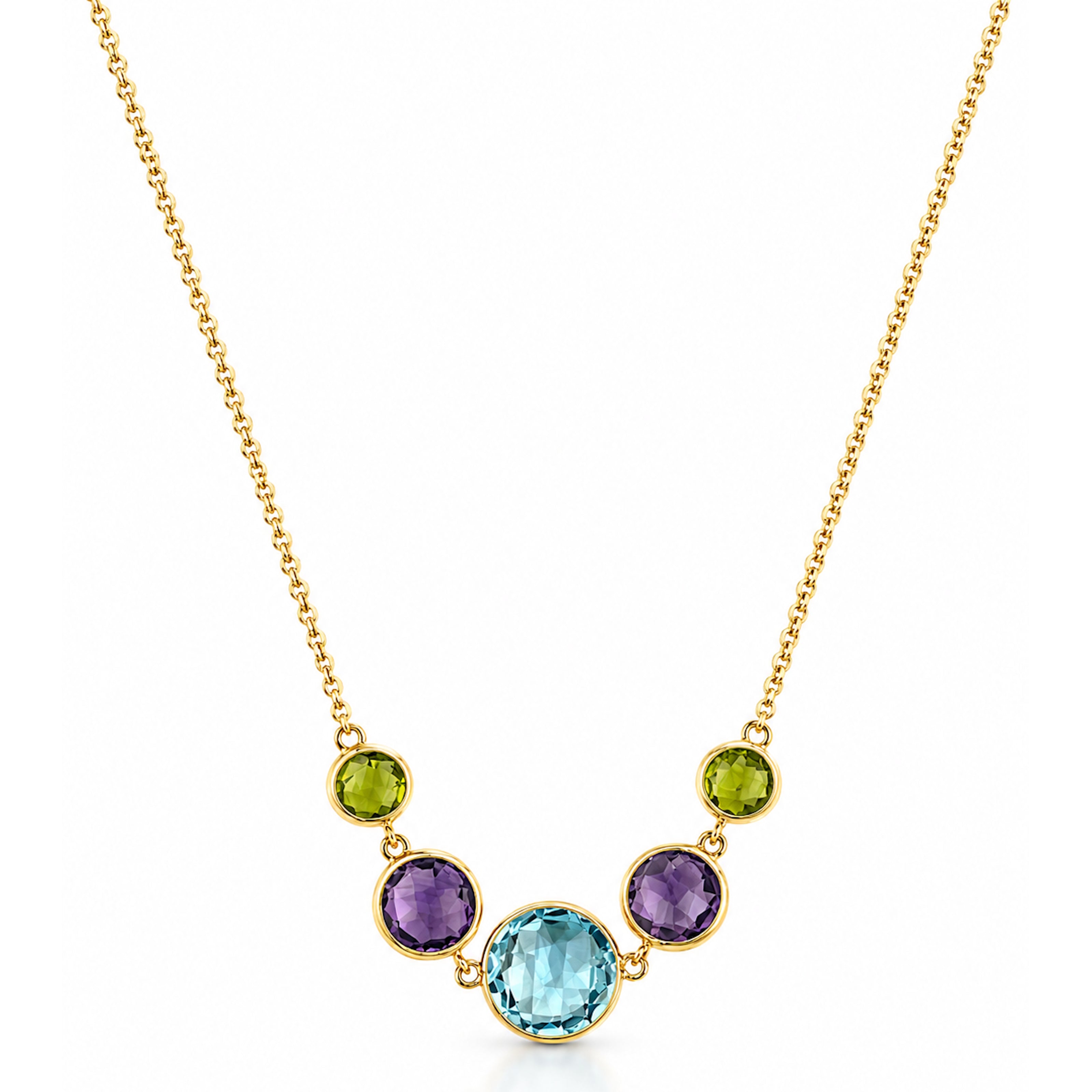 14k Multi Gemstone 5 Round Bezel Paperclip Necklace