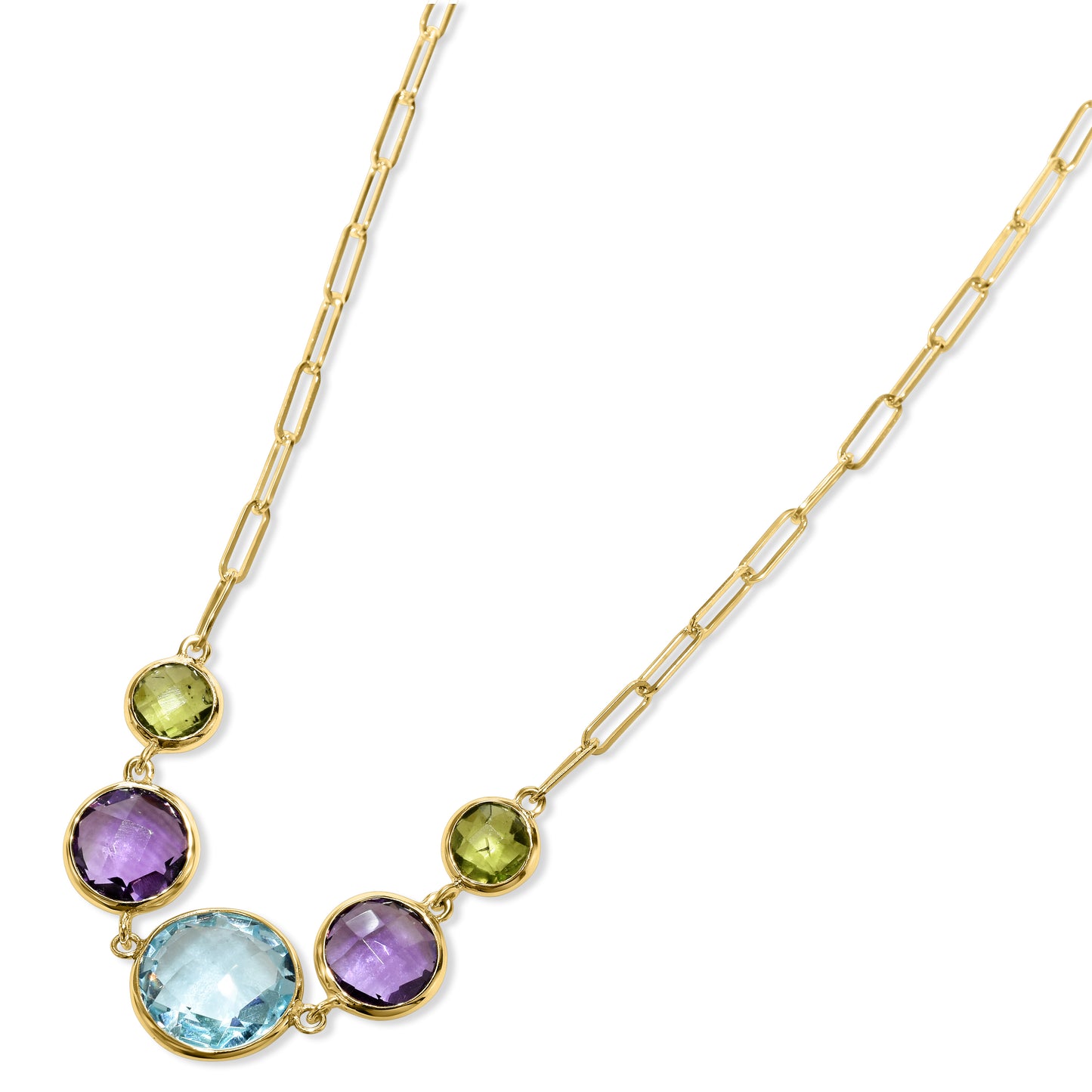 14k Multi Gemstone 5 Round Bezel Paperclip Necklace