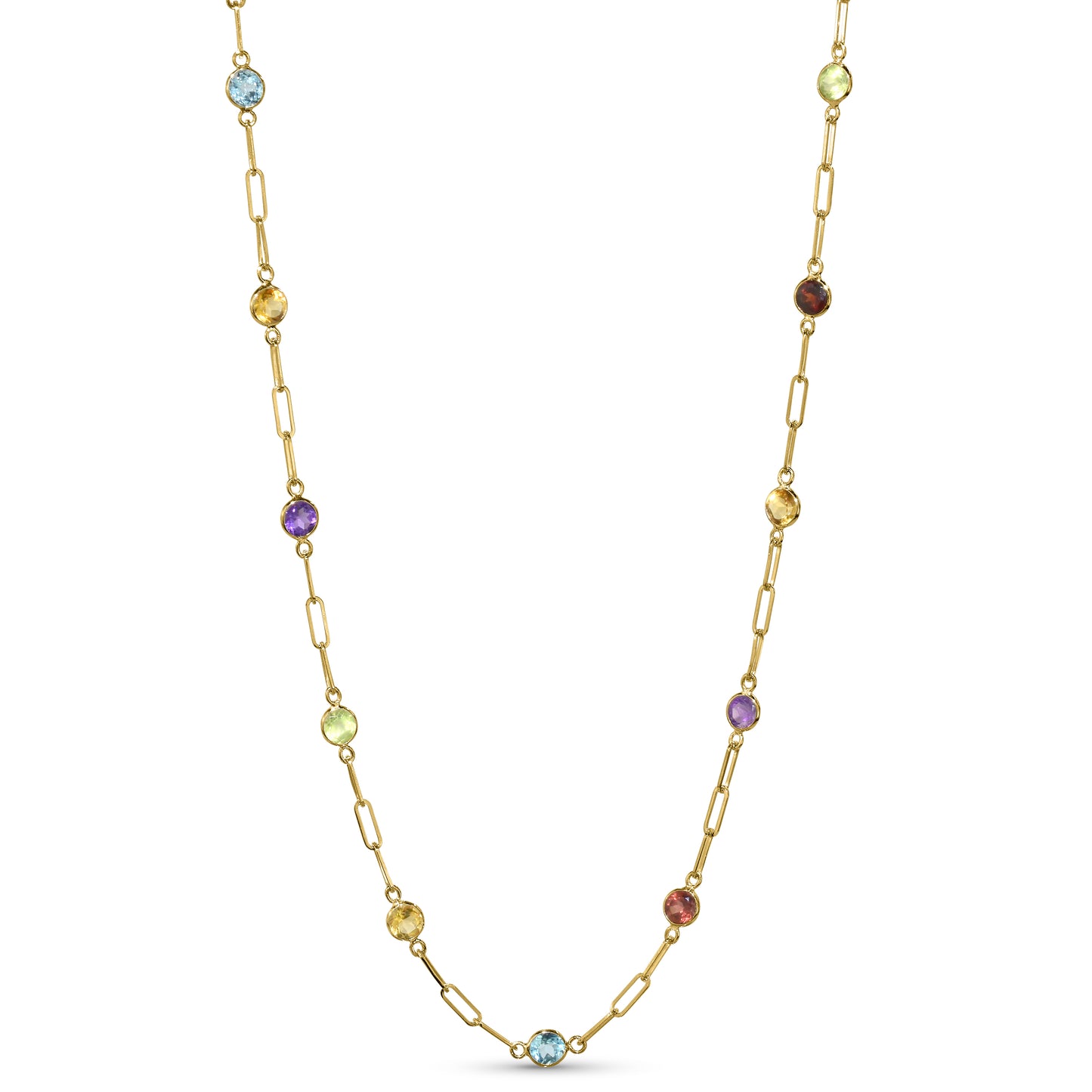 14k Multi Gemstone 13 Station Paperclip Necklace