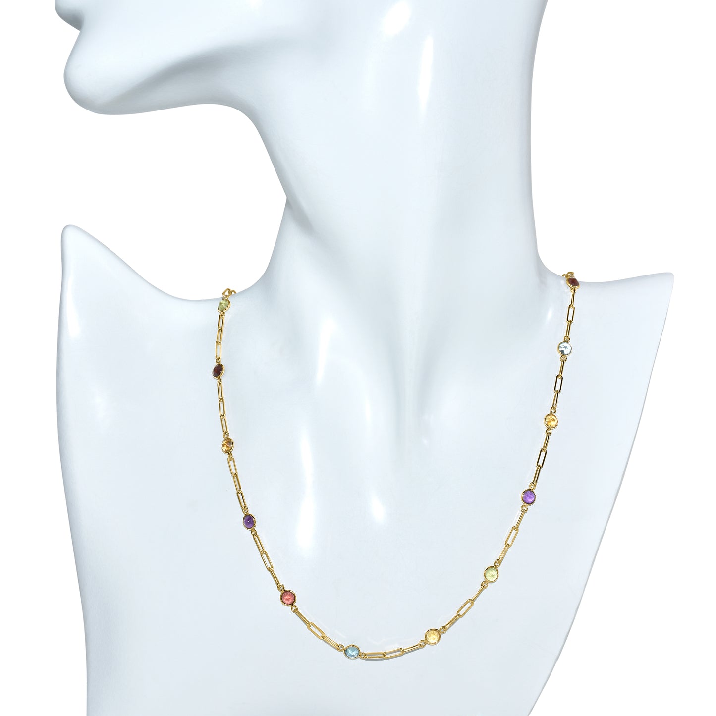 14k Multi Gemstone 13 Station Paperclip Necklace