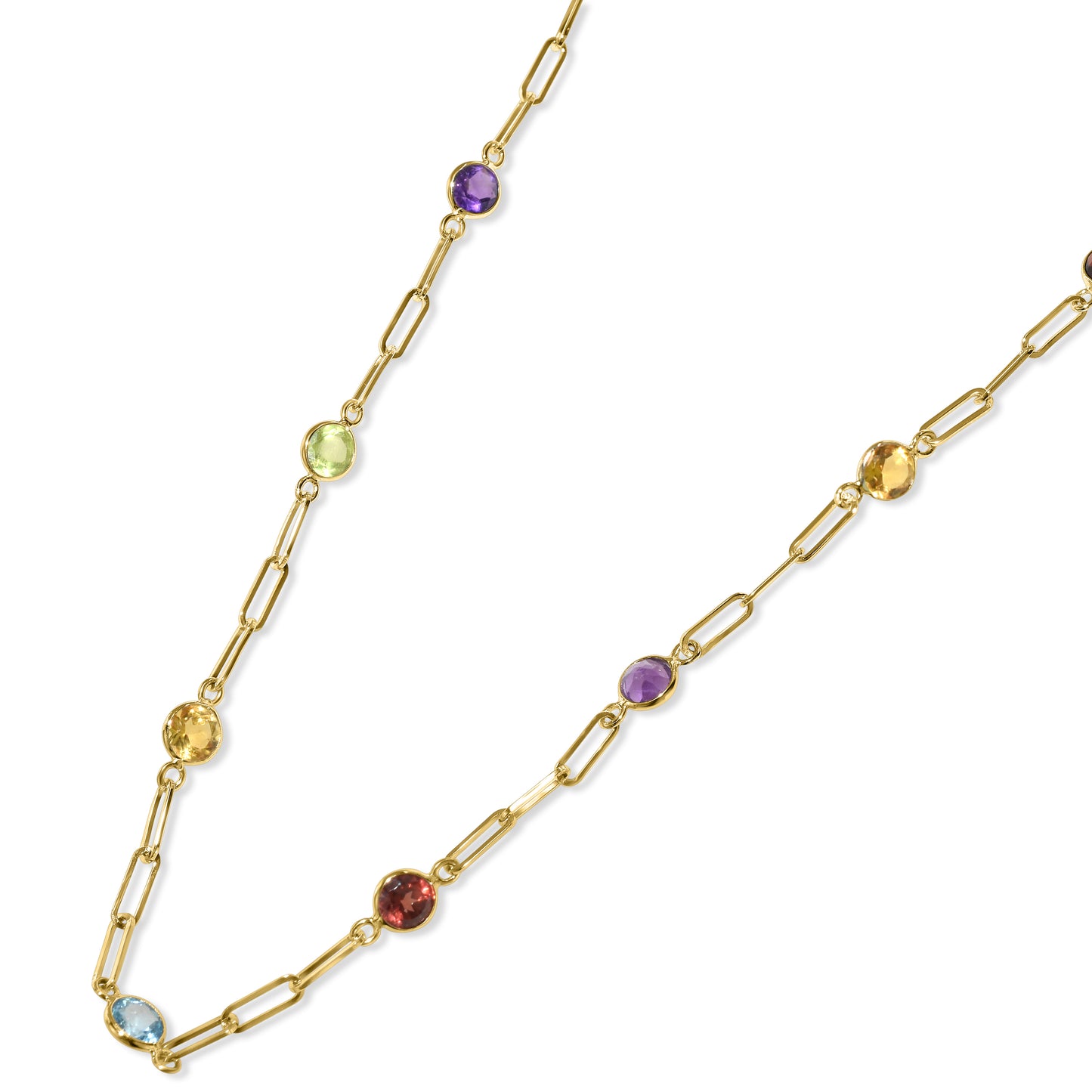 14k Multi Gemstone 13 Station Paperclip Necklace