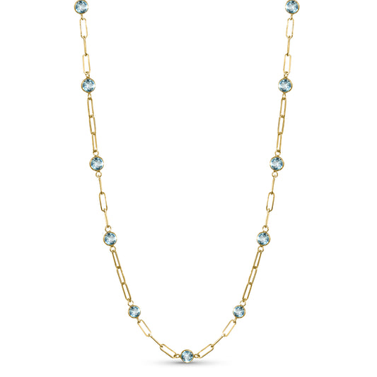 14k Swiss Blue Topaz 13 Station Paperclip Necklace