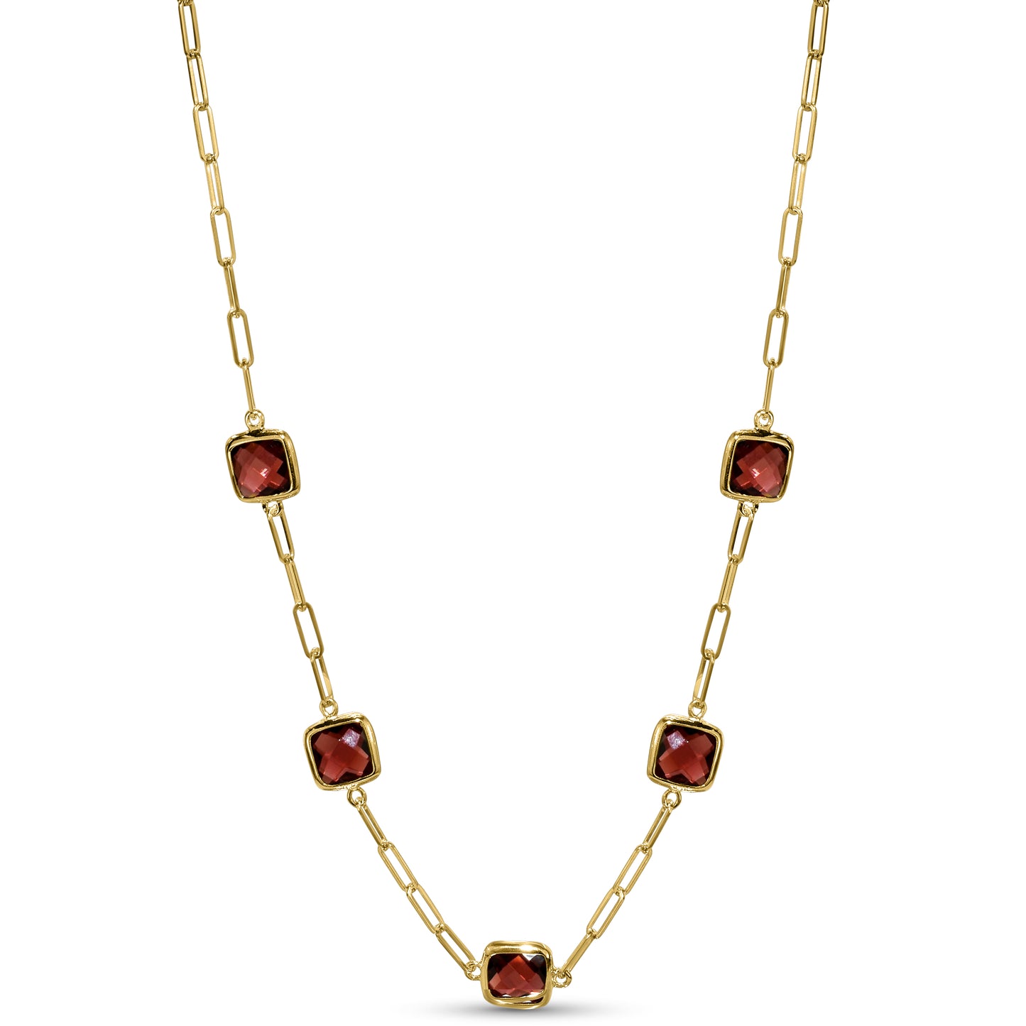 14k Garnet 5 Square Bezel Paperclip Necklace