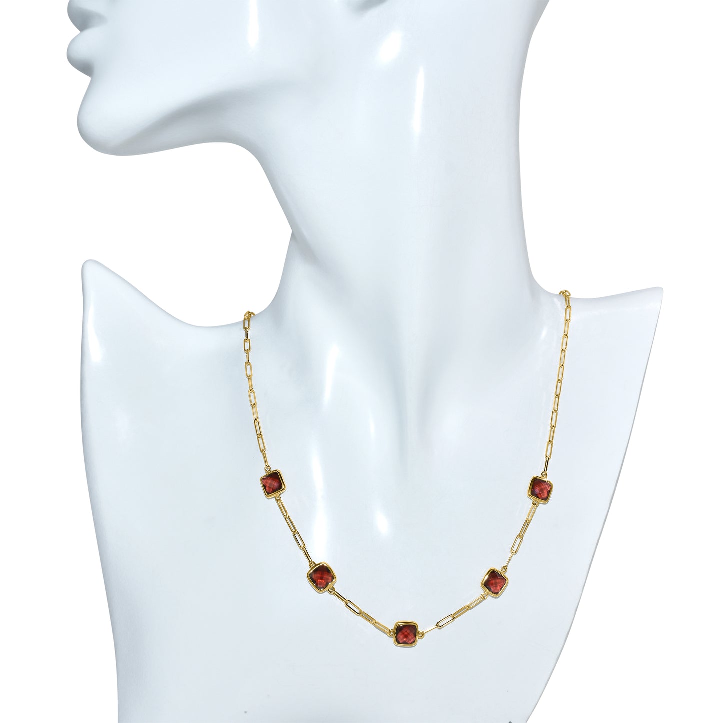 14k Garnet 5 Square Bezel Paperclip Necklace