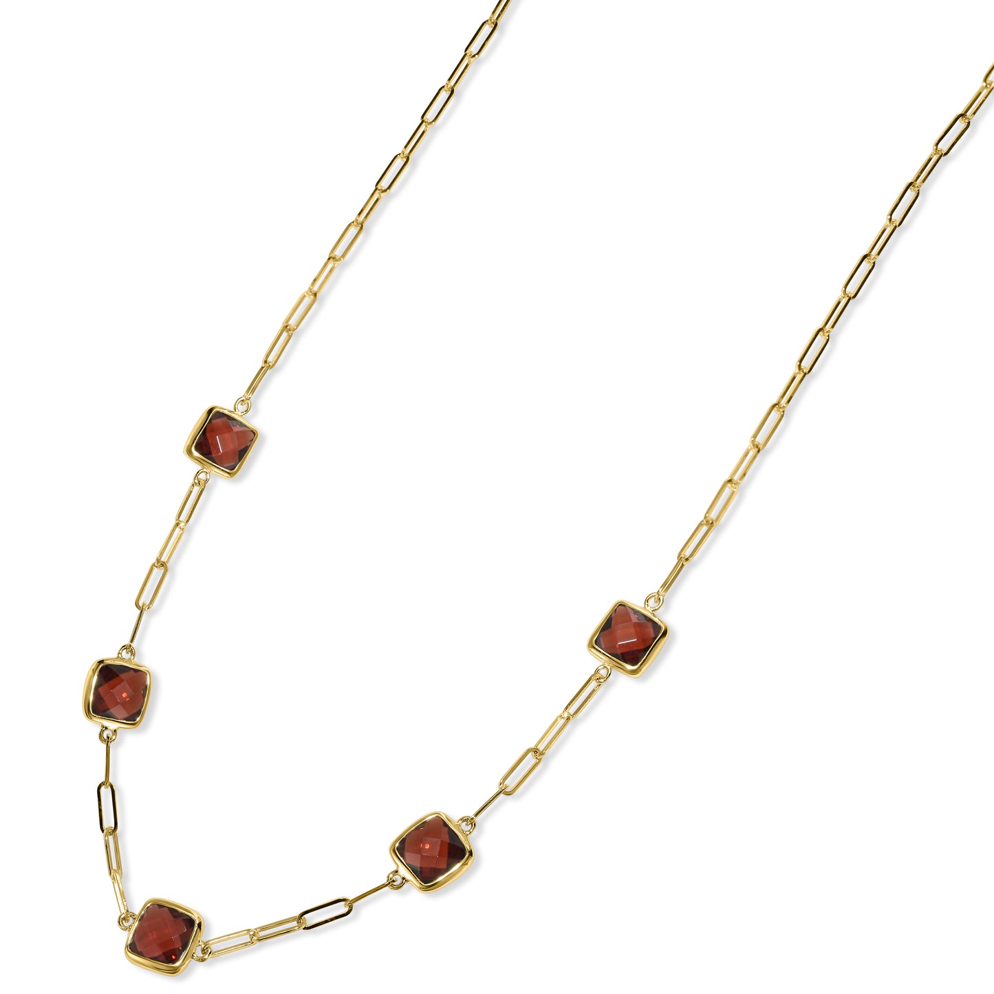 14k Garnet 5 Square Bezel Paperclip Necklace