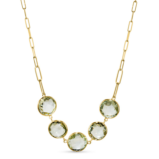 14k Green Amethyst 5 Round Bezel Paperclip Necklace