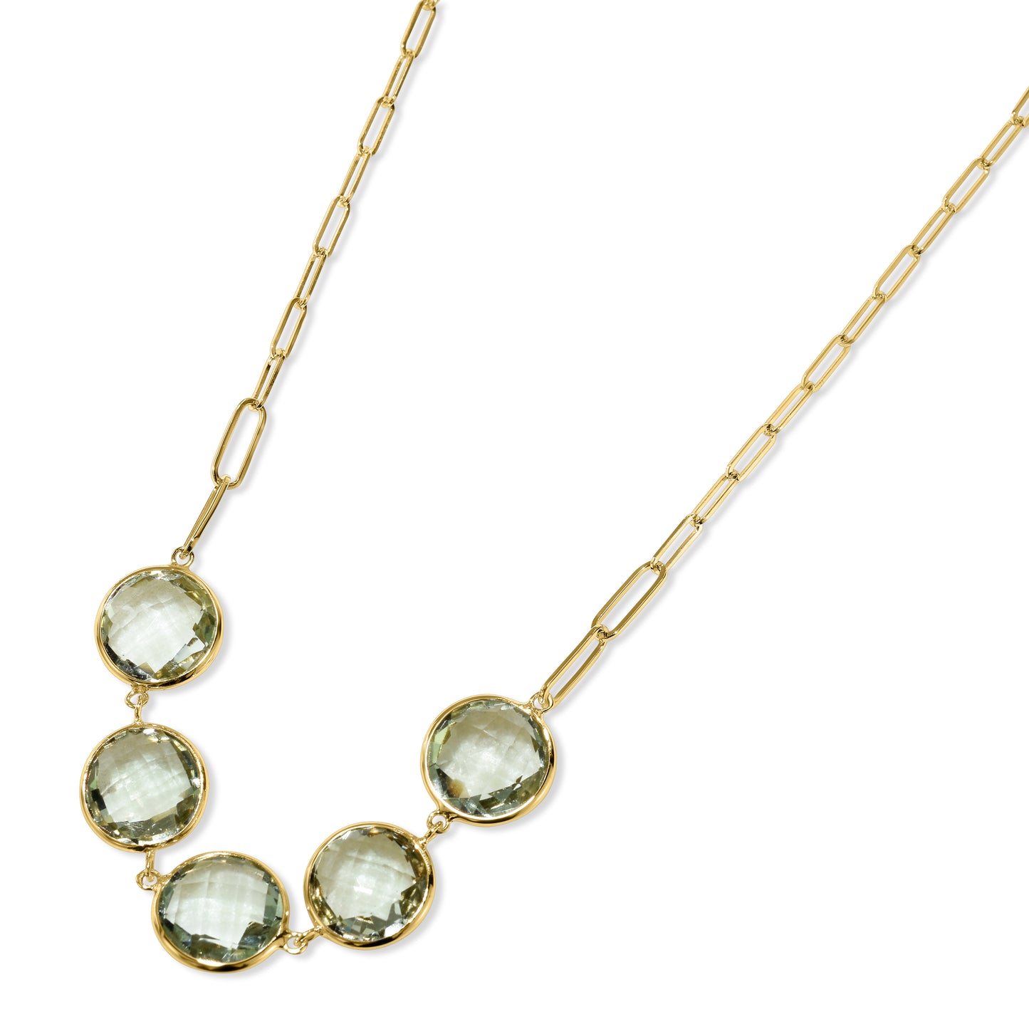 14k Green Amethyst 5 Round Bezel Paperclip Necklace