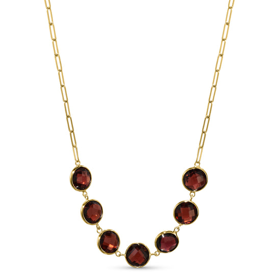 14k Garnet 7 Round Bezel Paperclip Necklace