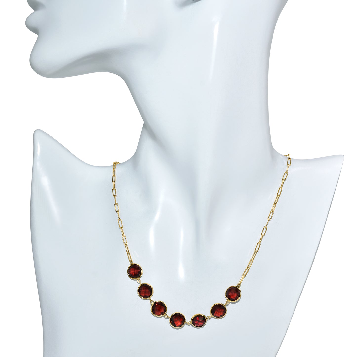 14k Garnet 7 Round Bezel Paperclip Necklace