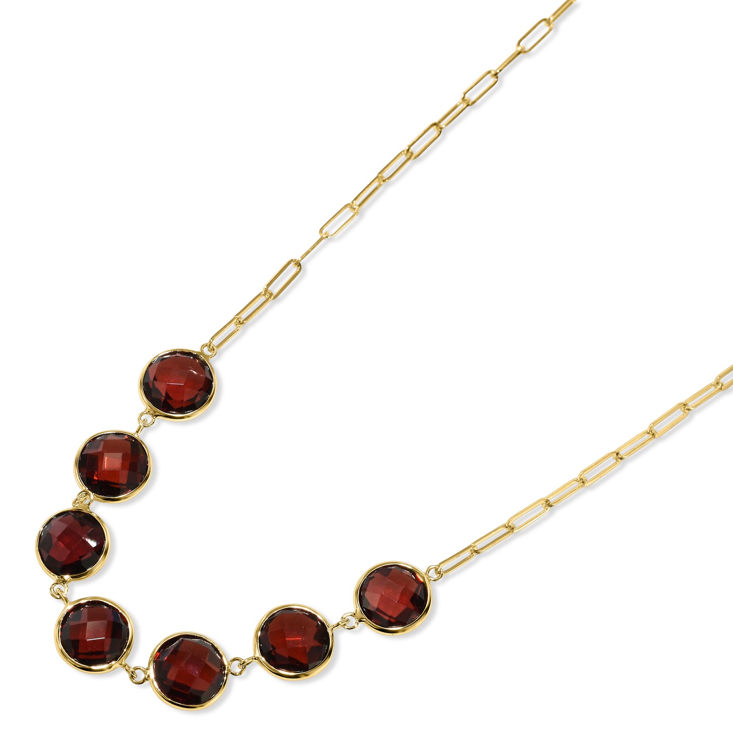 14k Garnet 7 Round Bezel Paperclip Necklace