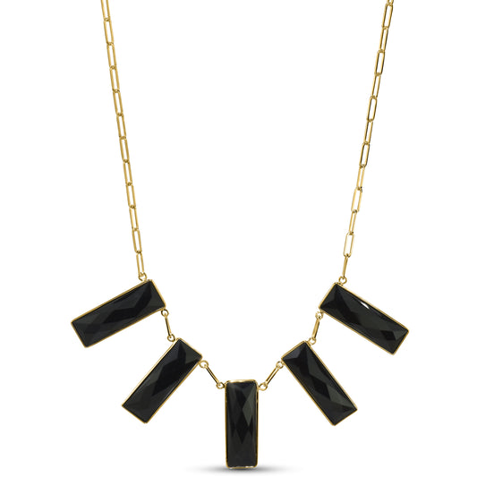 14k Black Onyx 5 Rectangle Bezel Paperclip Necklace