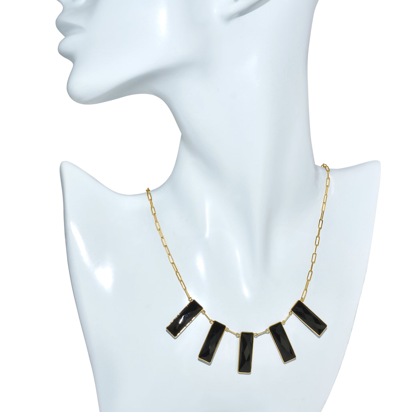 14k Black Onyx 5 Rectangle Bezel Paperclip Necklace