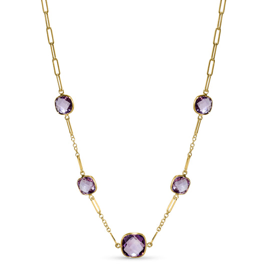 14k Amethyst 5 Cushion Station Paperclip Necklace