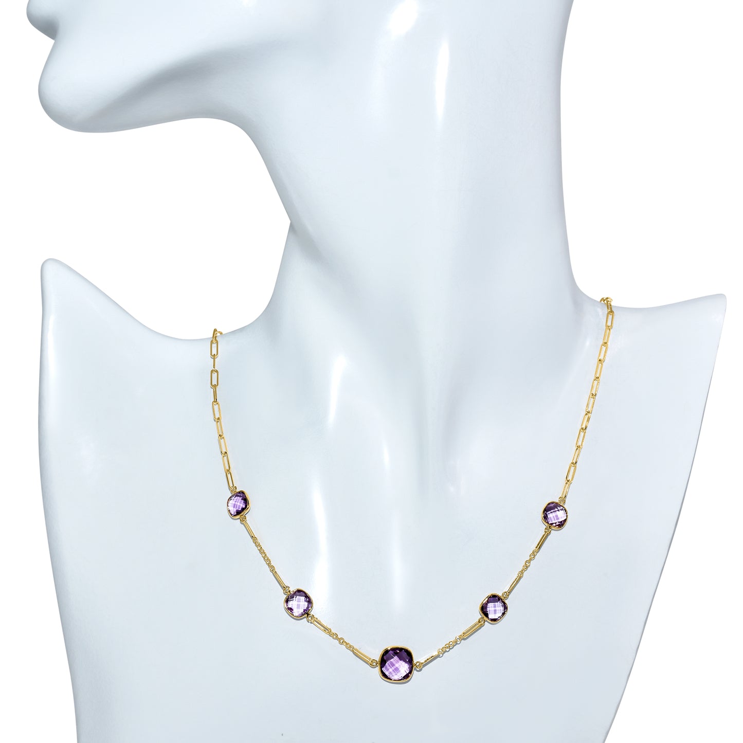 14k Amethyst 5 Cushion Station Paperclip Necklace