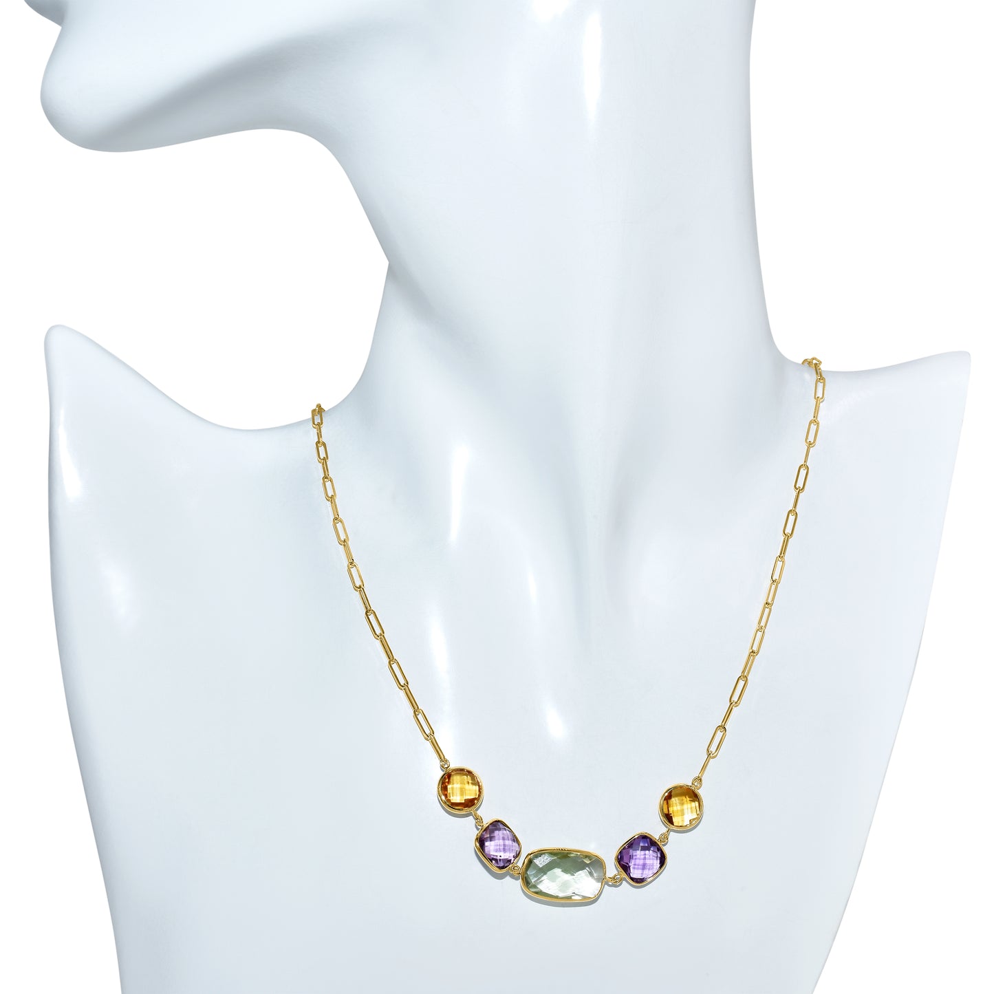 14k Multi Gemstone 5 Bezel Paperclip Necklace