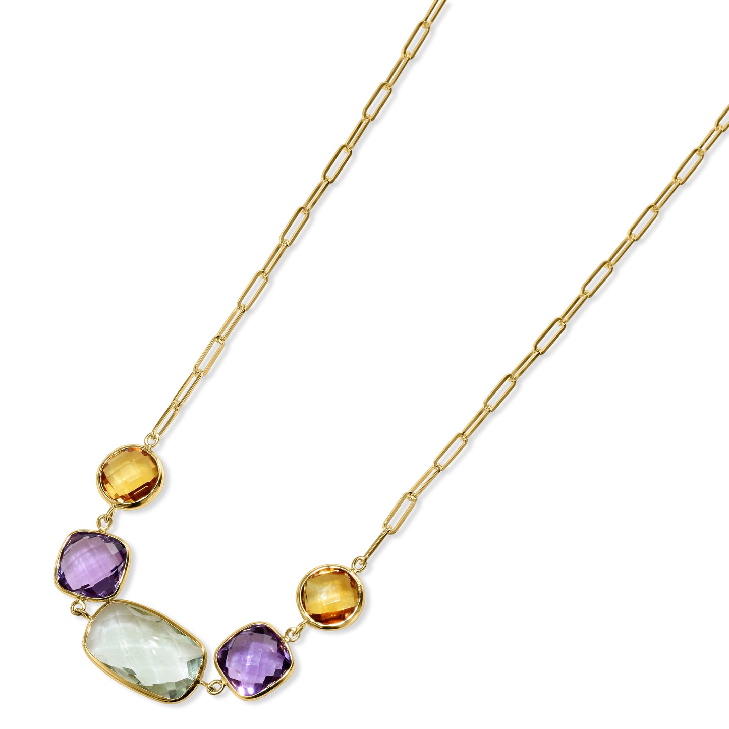 14k Multi Gemstone 5 Bezel Paperclip Necklace