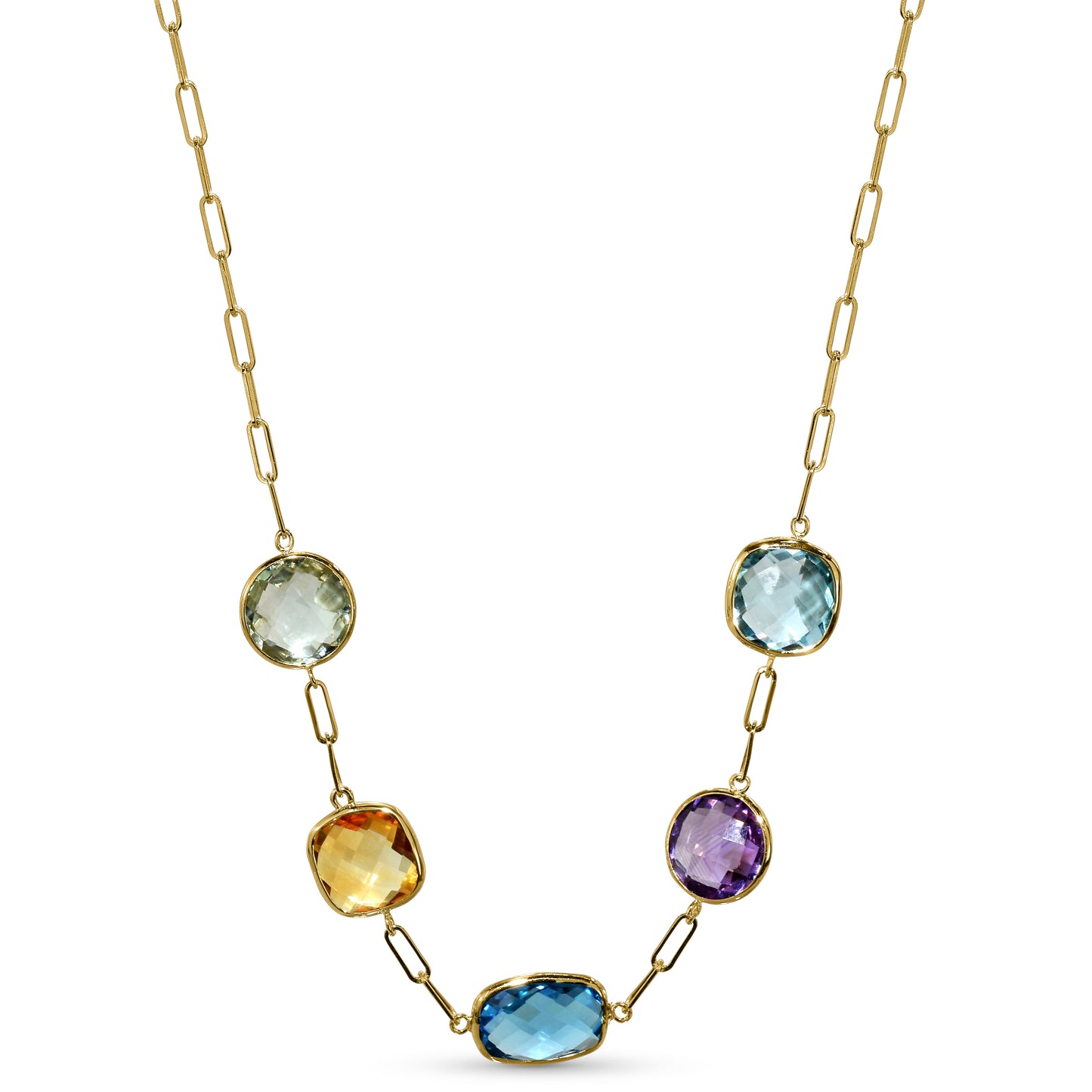 14k Multi Gemstone 5 Bezel Paperclip Necklace