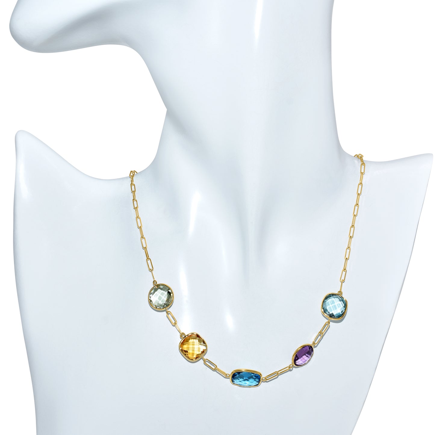 14k Multi Gemstone 5 Bezel Paperclip Necklace