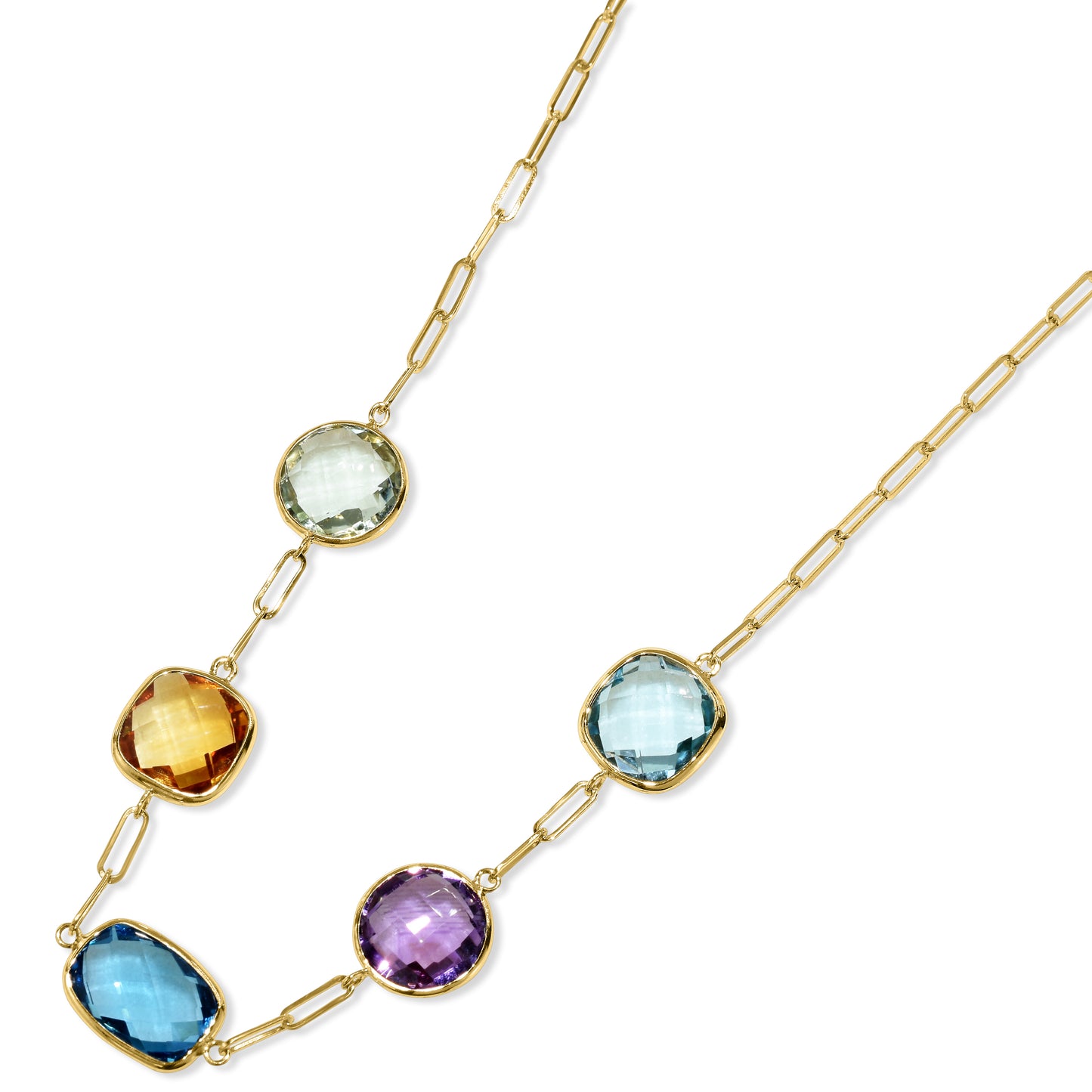 14k Multi Gemstone 5 Bezel Paperclip Necklace