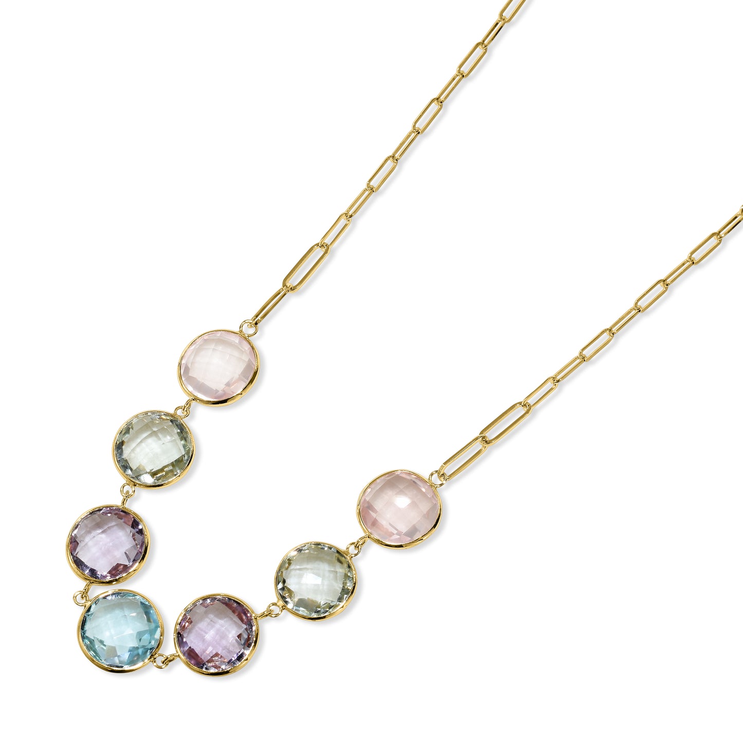 14k Multi Gemstone 7 Bezel Paperclip Necklace