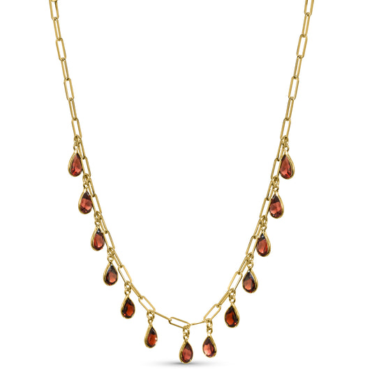 14k Garnet 13 Pear Drop Paperclip Necklace