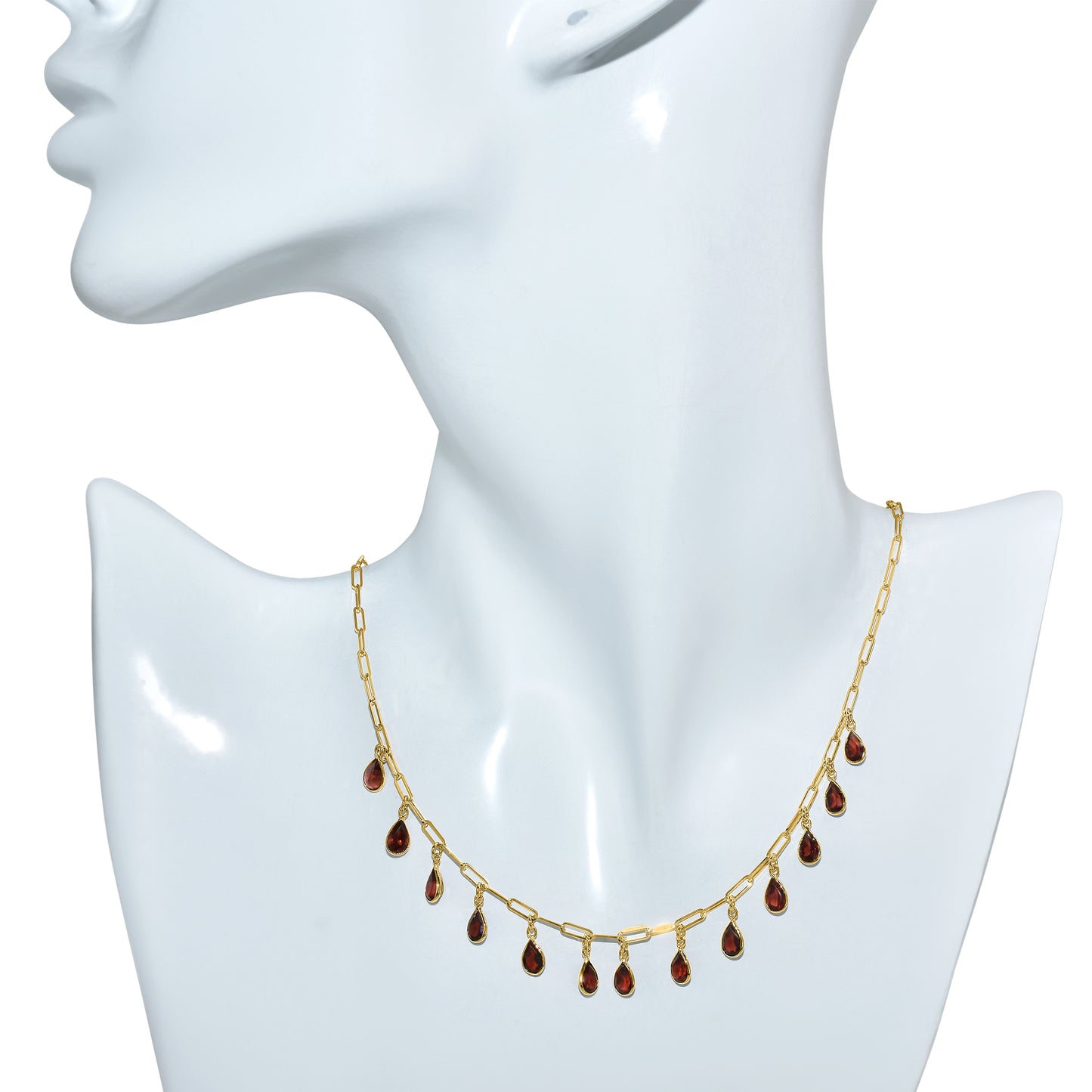 14k Garnet 13 Pear Drop Paperclip Necklace